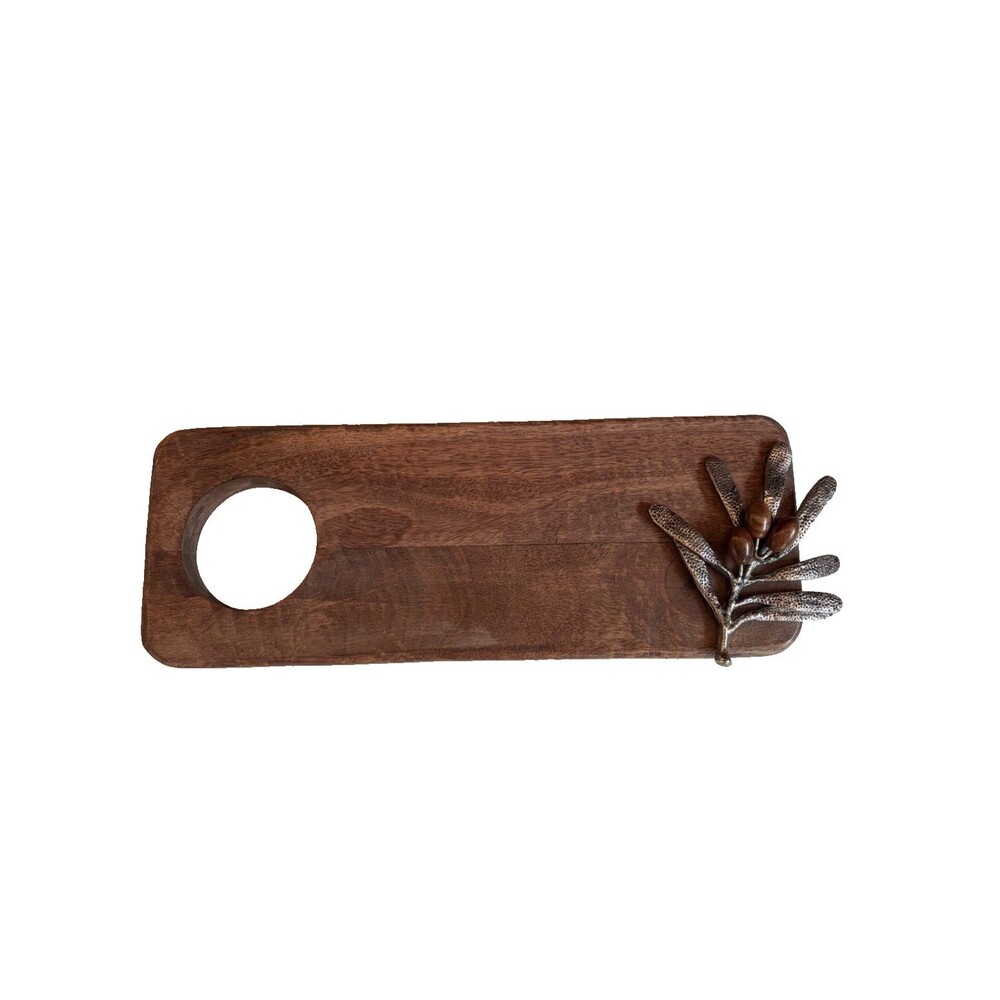 Mud Pie Mango Wood Serving Board Metal Leaves & Olives Design